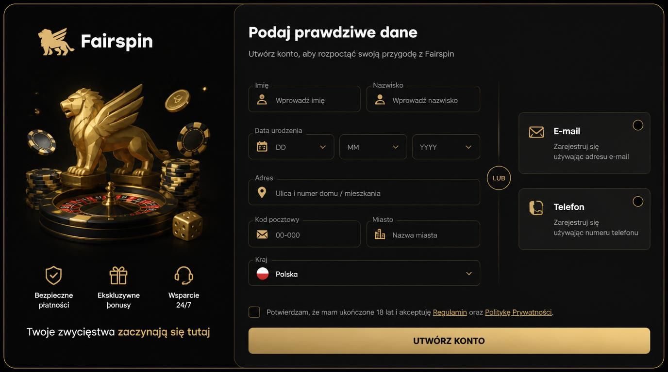 Rejestracja konta – formularz z danymi osobowymi i potwierdzeniem – obraz jak na stronie Fairspin