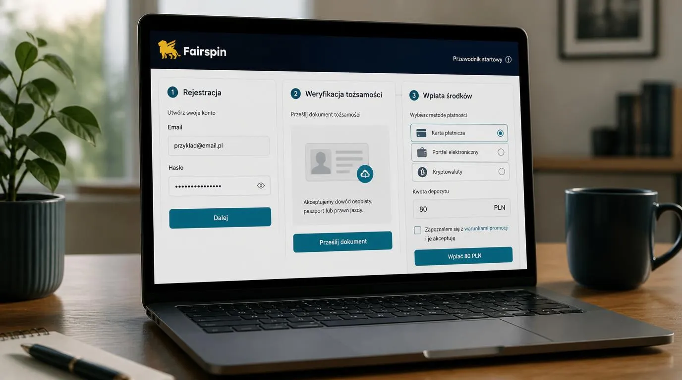 Ekran laptopa z formularzem rejestracji, panelem weryfikacji tożsamości i kasą z wyborem metody wpłaty