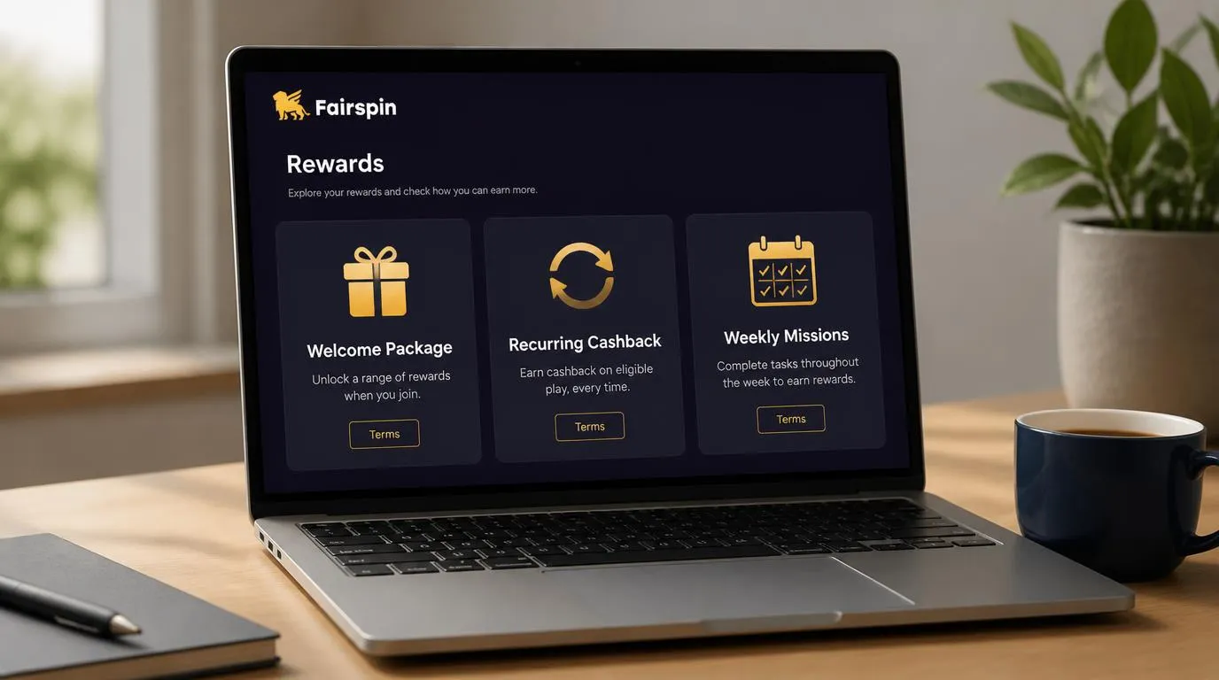 Panel promocji kasyna z pakietem powitalnym, kartą cashbacku i tygodniowymi misjami
